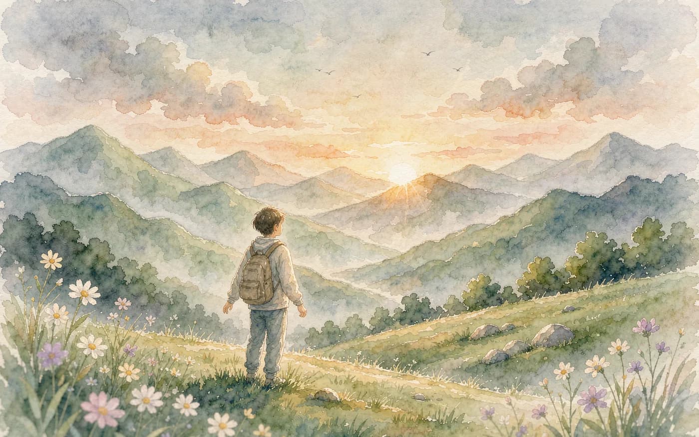 青少年在山坡上眺望远方的品牌插画，寓意重新出发